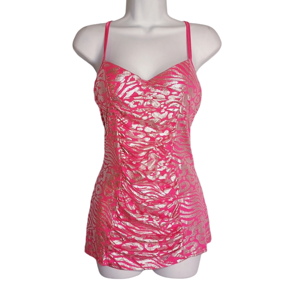 NEW GLO JEANS Pink Silver Metallic Animal Print Ruching Tank Top X-Large